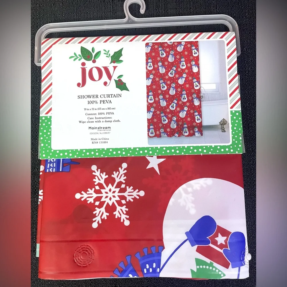 Christmas Shower Curtain PEVA Frosty Snowman Snowflakes Red Blue Green White NWT